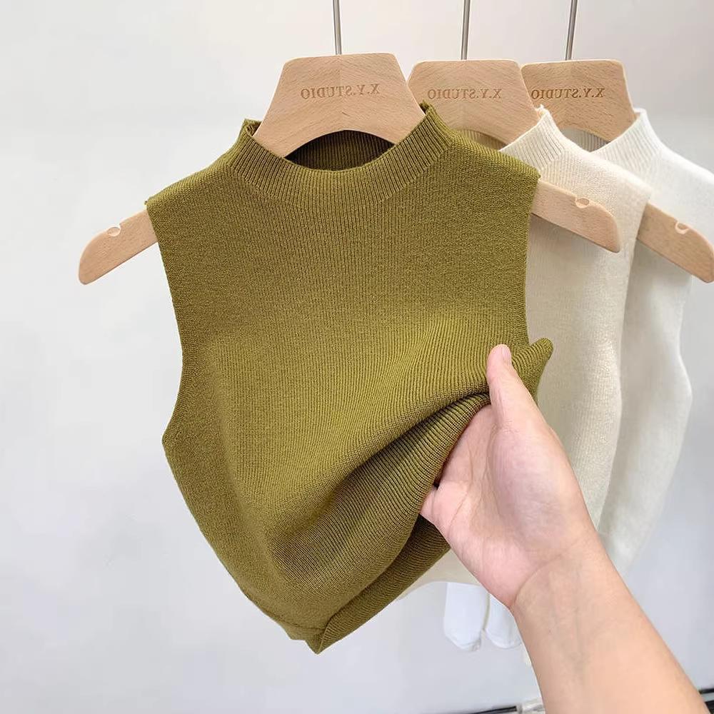 Semi-turtleneck Knitted Suspender Small Vest Women's Early Autumn Spring Suit with Bottoming Shirt Inside, Sleeveless Outer Wear Short Sweater Winter