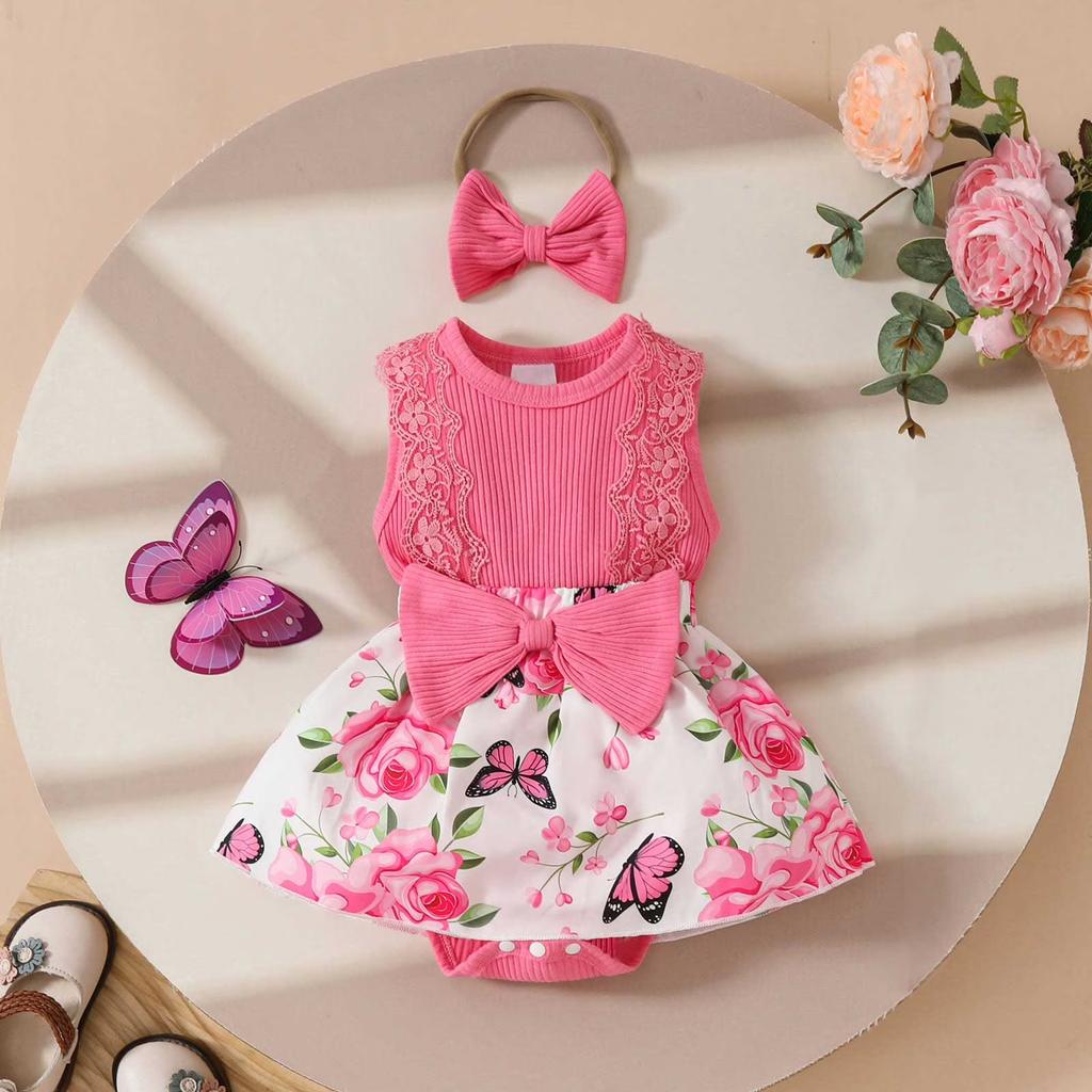 Baby Girl Sleeveless Lace Floral Bowknot Romper Dress with Headband Toddler One-piece Outfit Summer Style