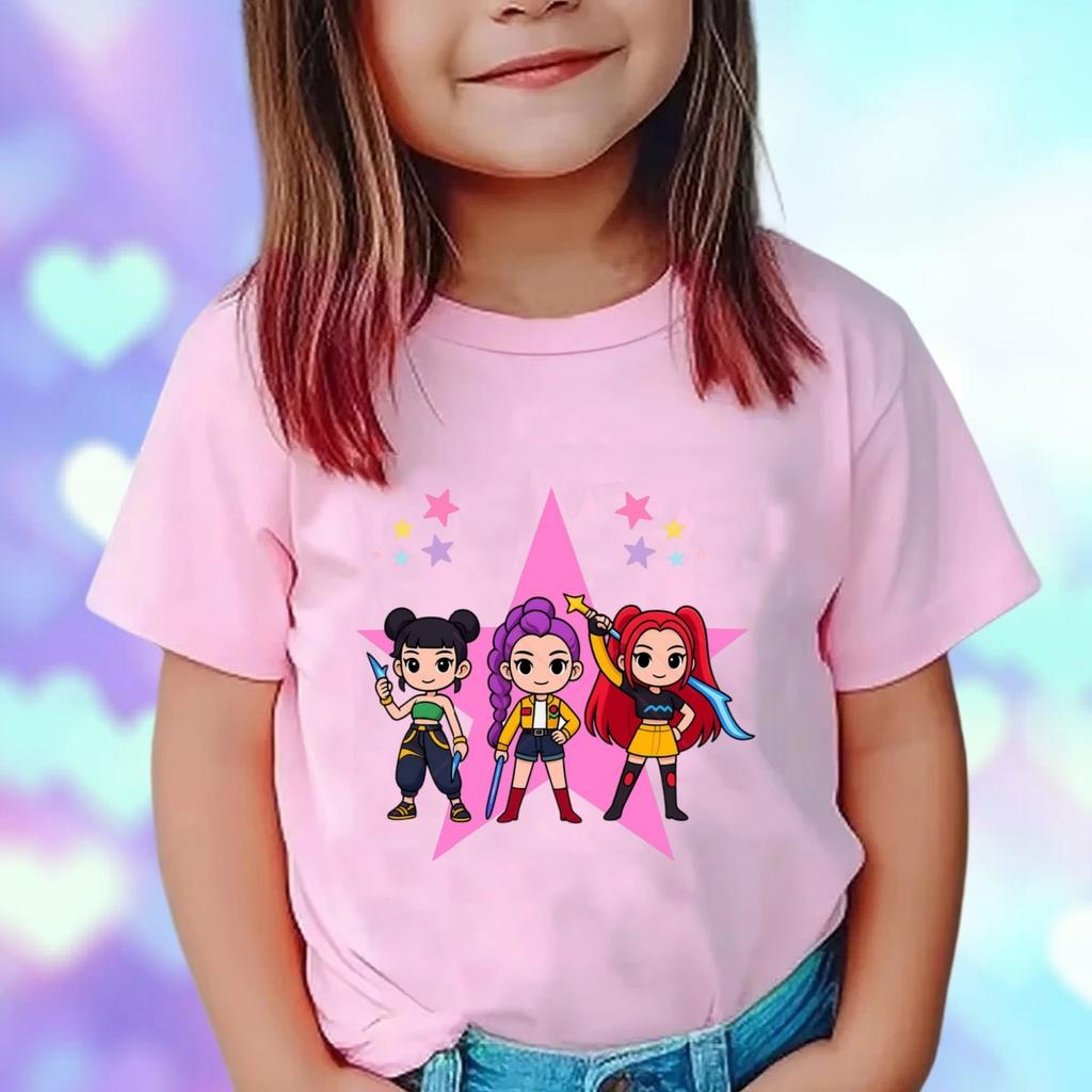 Kpop Demon Hunters Dětské Oblečení Krátký Rukáv Růžové Tričko Kpop Demon Hunters Tygr Harajuku Tričko pro Kluky Dívky Dárek