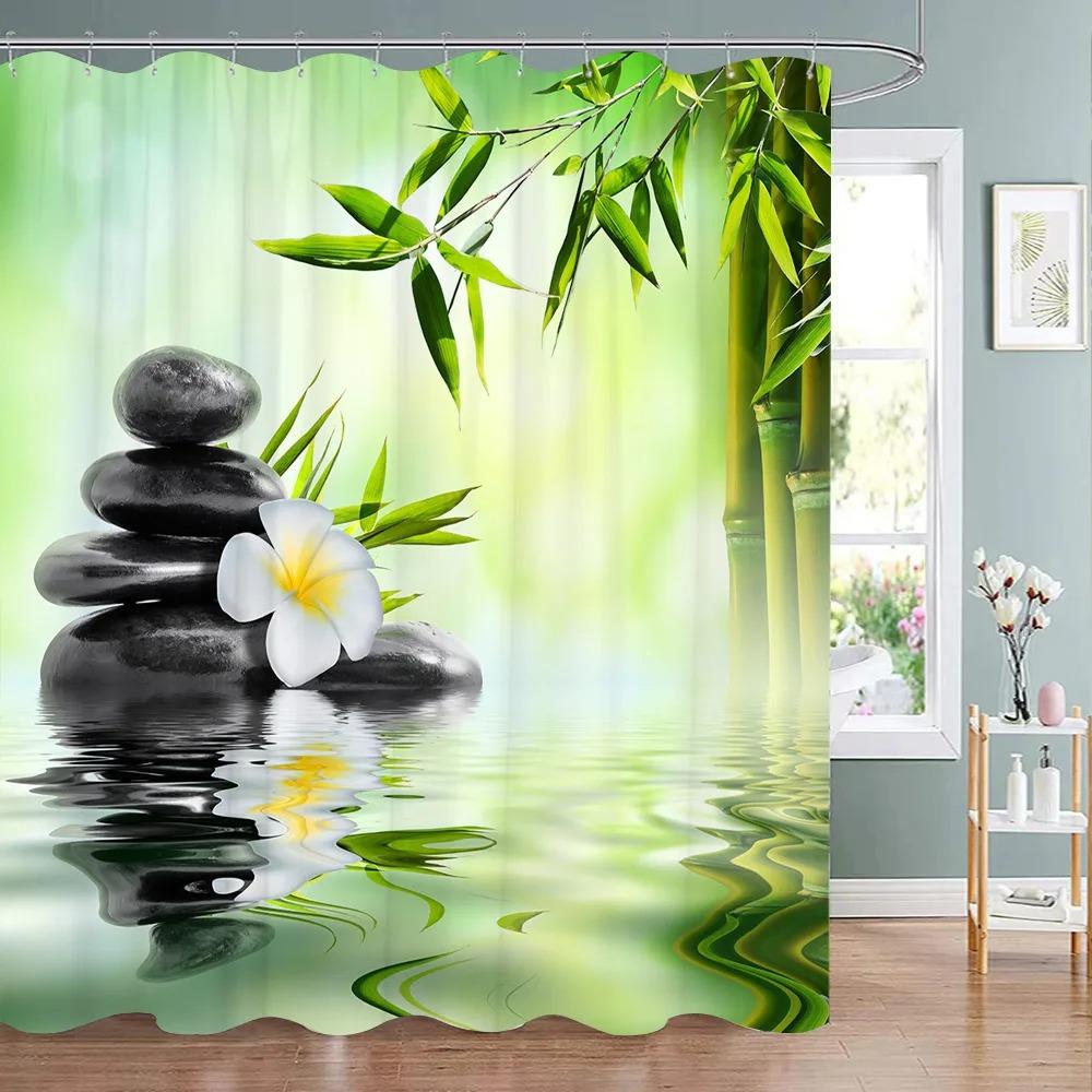 Tenda Doccia Zen Paesaggio di Loto Tenda Doccia Meditazione Pietre Zen Bambù Verde Fiore Pianta Tende Doccia Arredo Bagno