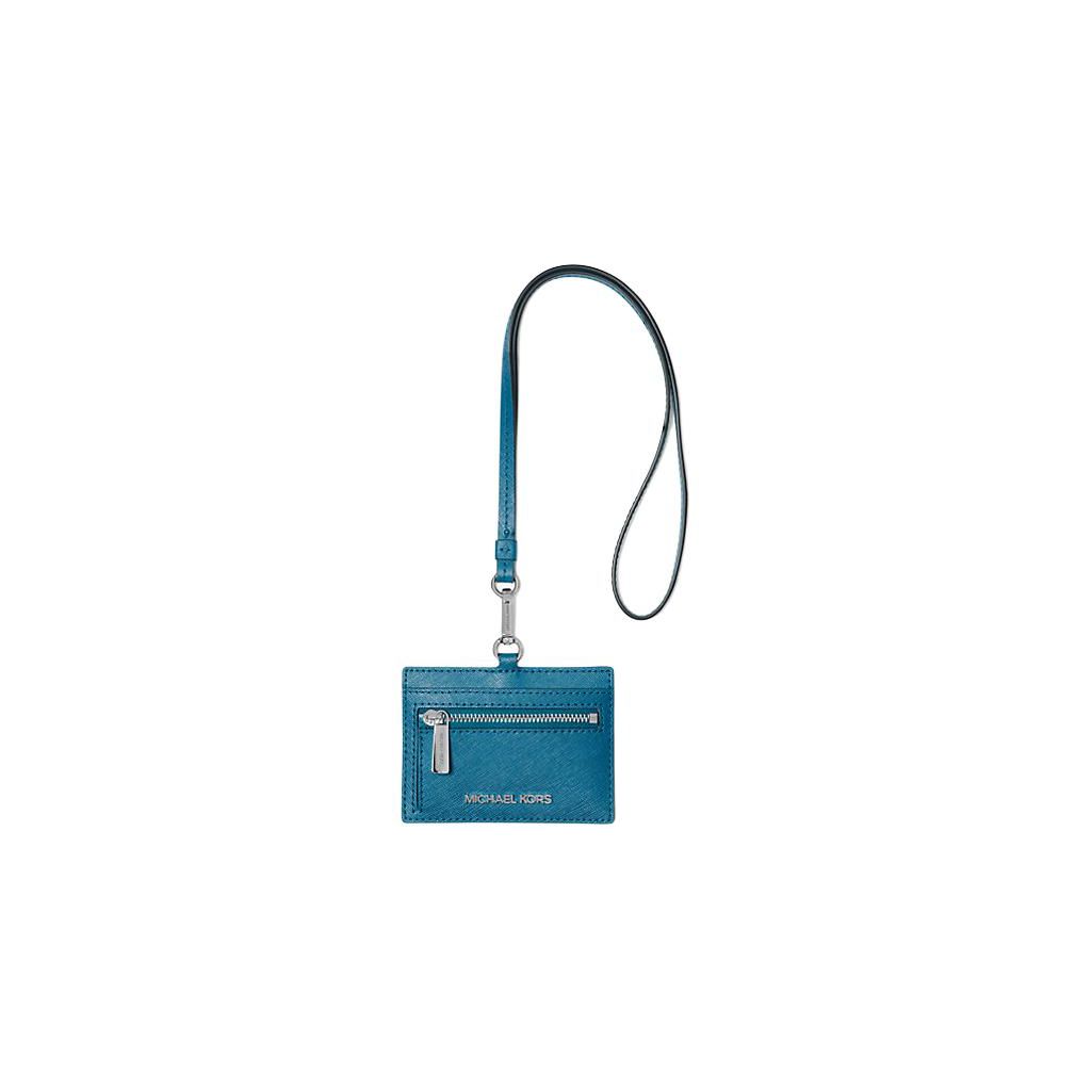 Michael Kors MK Jet Set Travel Metallic Logo Zip Leather Card Holder Women accessories Ocean-Blue 35S3STVD3L-0427 Basic Set (Bag+Dust Bag)