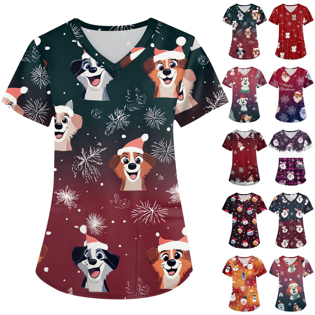 Dámské módní pracovní oděvy s krátkým rukávem a výstřihem do V s kapsami Vánoční topy s potiskem