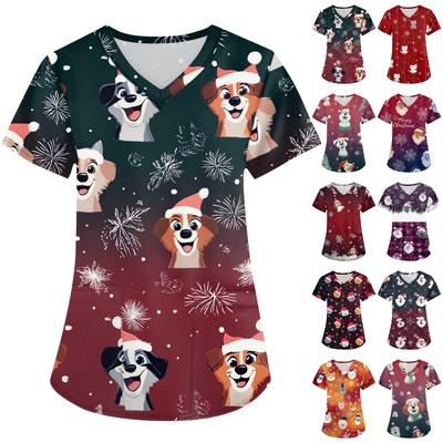 Women's Fashion V-neck Short Sleeve Workwear With Pockets Christmas Printed Tops