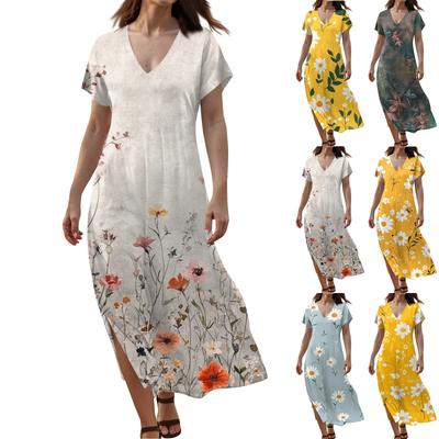 Women Summer Floral Dress Short Sleeve Beach Dress With Pockets Casual V-Neck Split Long T-Shirt Dress Travel Vacation