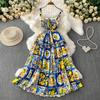 Summer Women Fruit Print Runway Dresses Fashion Spaghetti Strap Bowtie Long Maxi Holiday Party Dresses