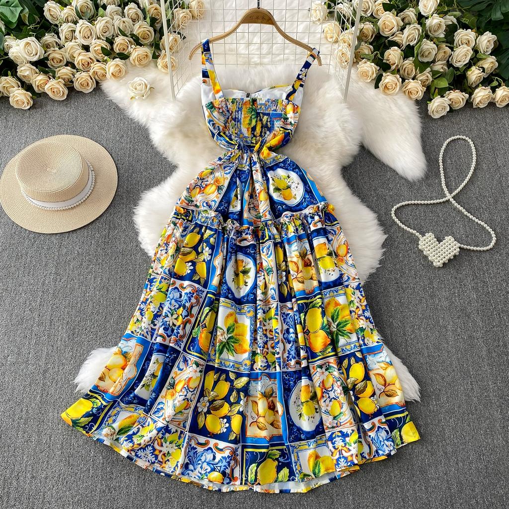 Summer Women Fruit Print Runway Dresses Fashion Spaghetti Strap Bowtie Long Maxi Holiday Party Dresses