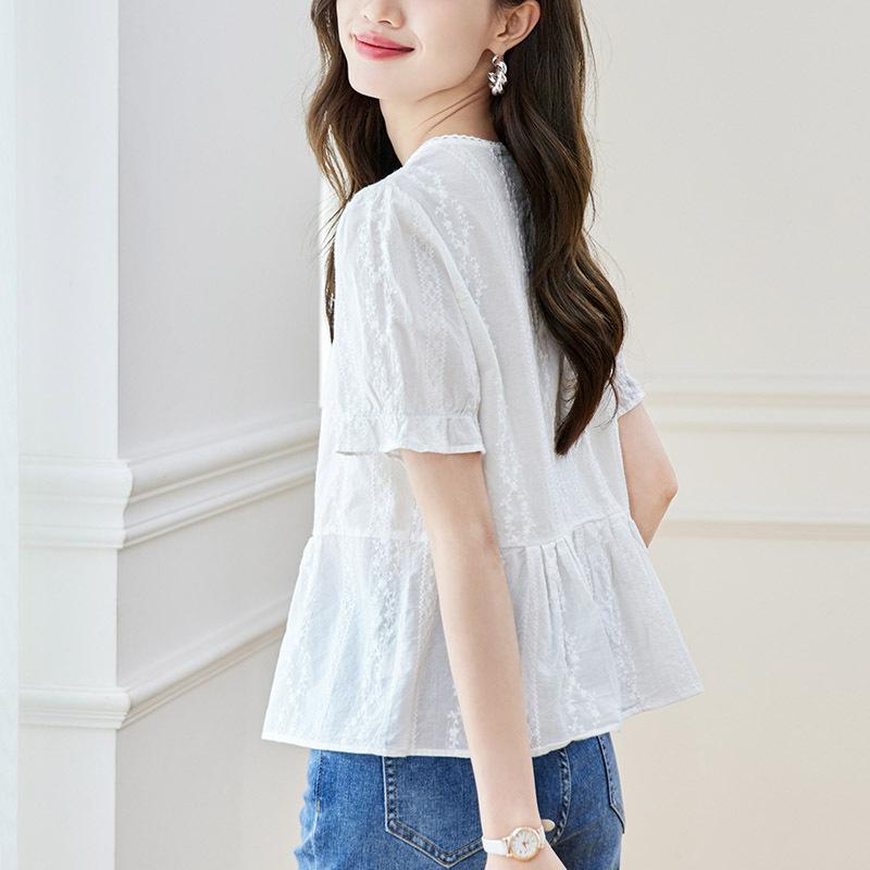 Round Neck Short-sleeved Blouse for Summer Latest Design Niche and Unique Cotton Blouse