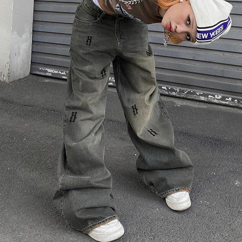Jeans Vintage Y2K a Vita Bassa da Donna Stampa Distressed Streetwear Pantaloni Ampi Pantaloni di Jeans