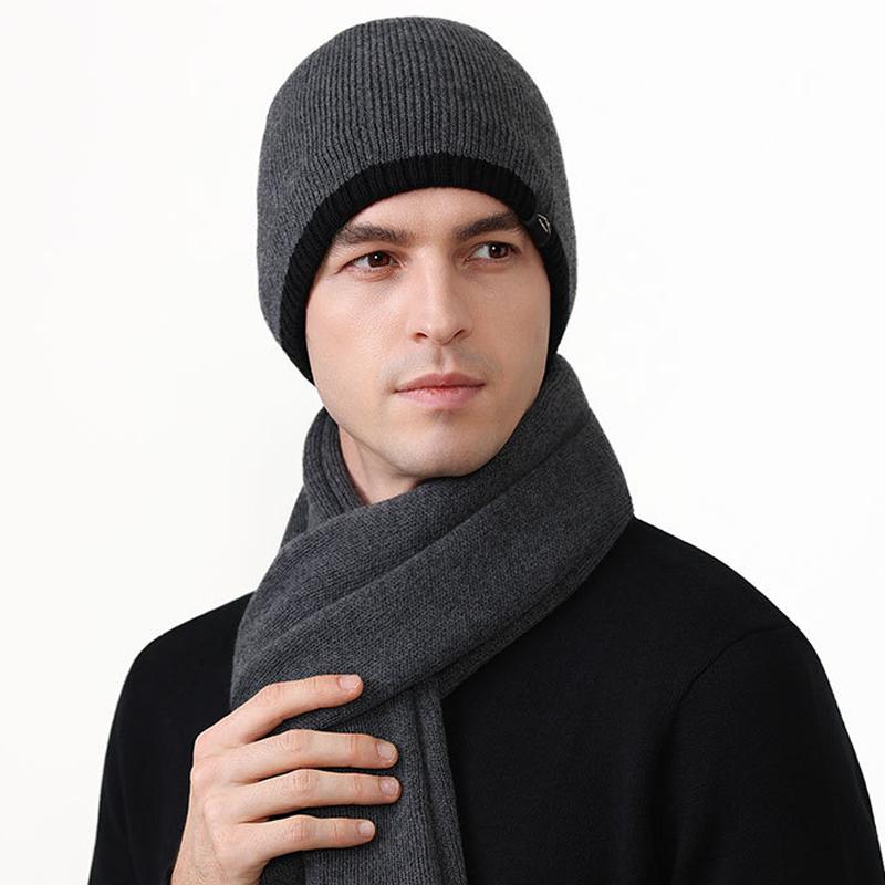 Men's Winter Warm Knitted Hat Long Scarf Two-Piece Set Velvet Thick Outdoor Windproof Ear Protection Cap