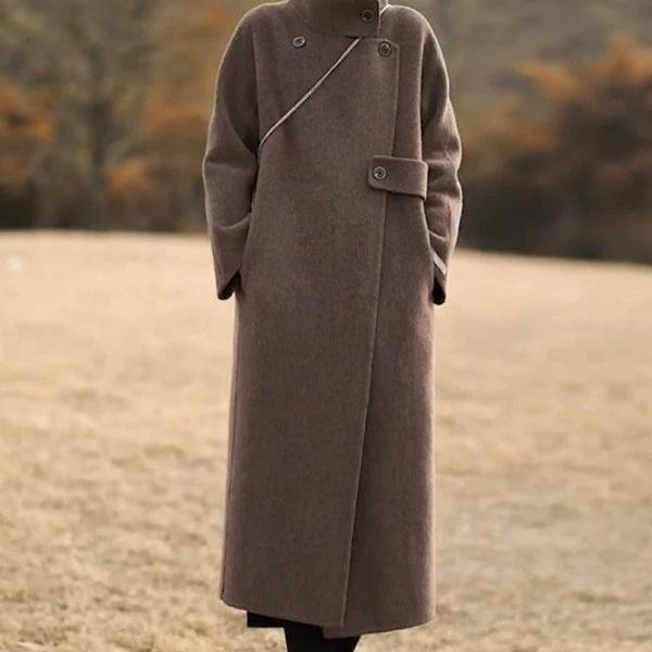 2025 Autumn/Winter Women's Wool Coat - Korean Hepburn Style with Stand-Up Collar