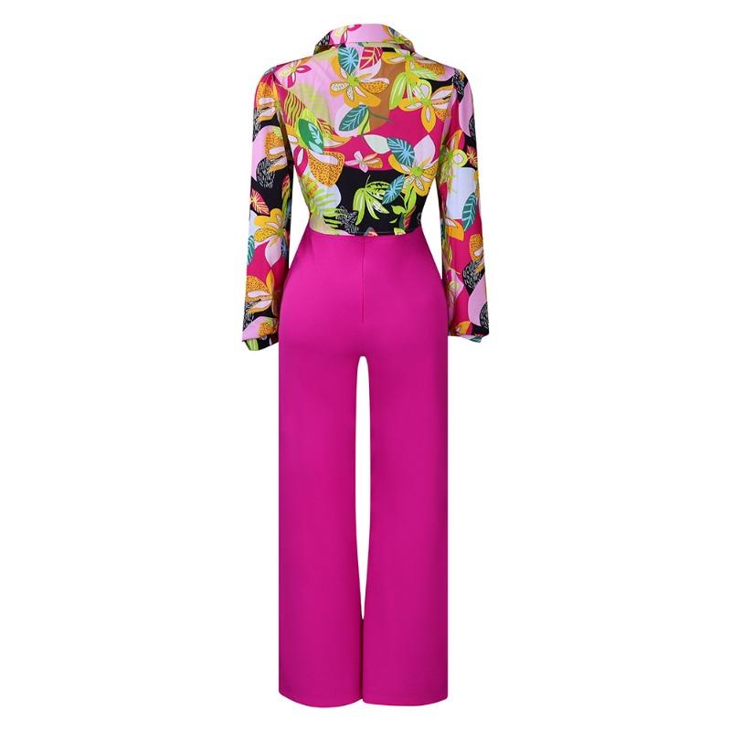 Women Floral Printed Turn Down Collar Long Sleeve Shirt Wide Leg Pants Two Piece Set