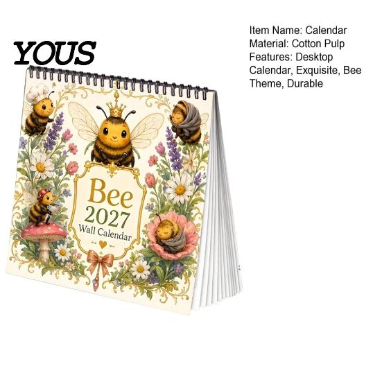 Office Schedule Planning Tool 2027 Bee Themed Desktop Calendar, Spiral Binding And Thickened Cute Illustration Stationery Paper Planner, Decorative