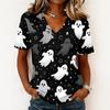 Women Casual Short Sleeve Pullover V Neck Top Halloween Ghost Print Lightweight Comfortable Blouse for Everyday Wear