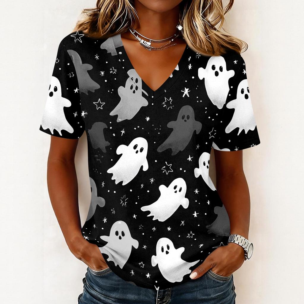 Women Casual Short Sleeve Pullover V Neck Top Halloween Ghost Print Lightweight Comfortable Blouse for Everyday Wear