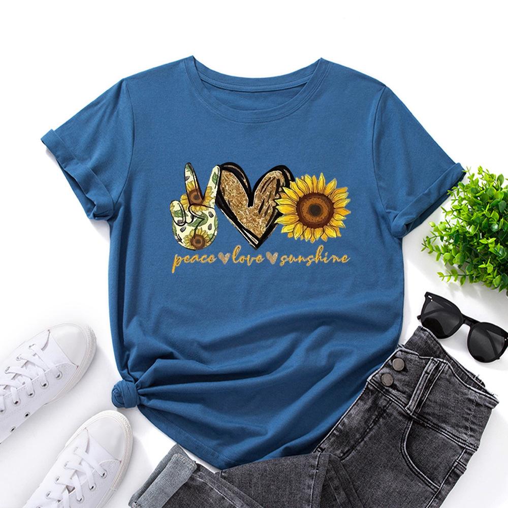 Cotton T-Shirt Short Sleeve Round Neck Women 2d Print Tops