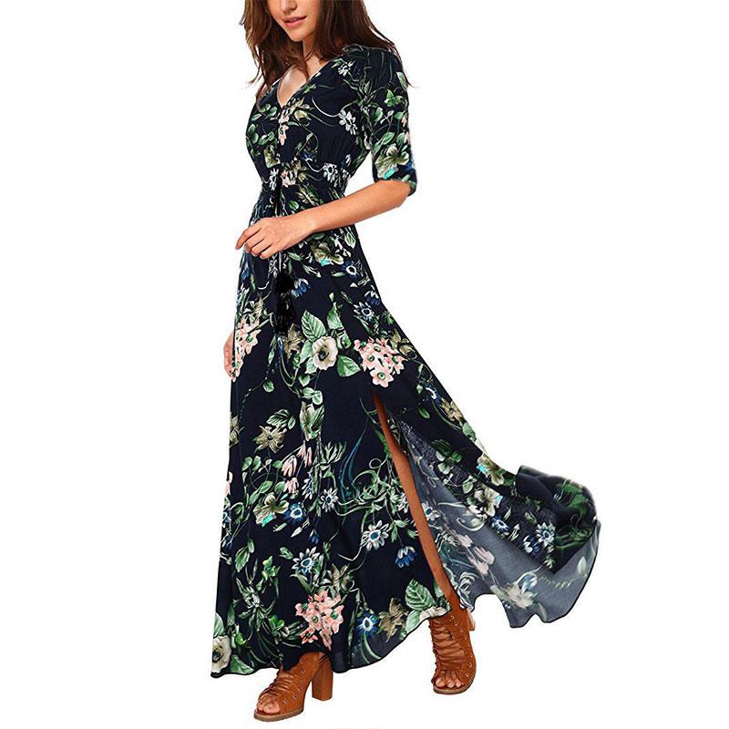 

Женское богемное винтажное этническое платье-макси в курортном стиле с V-образным вырезом, длинная юбка 2XL синий