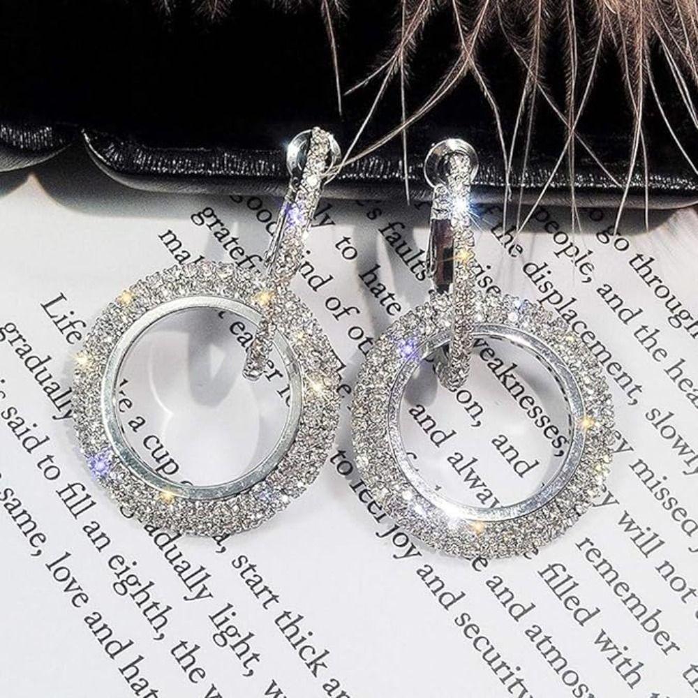 Rhinestone Ear Clips Round Diamond Earrings Elegant Hoop Earrings  Woman Girls