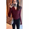 Plus Size Women's Wine Red V-Neck Long Sleeve Base Layer Top - Chic Slimming Autumn Innerwear