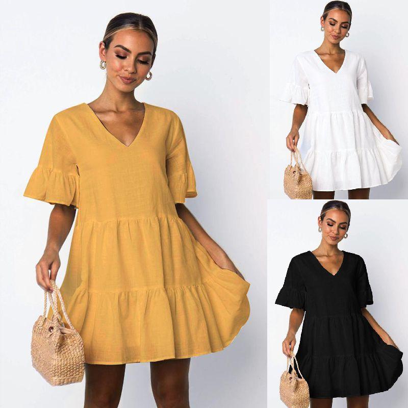 Elegant Women V-neck Plain Smock Dress With Loose Fit And Short Sleeve Design