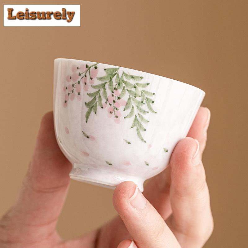 2pc/set Hand Drawn Wisteria Flower Tea Cup Beauty Master's Single Cup Meditation Cup Beautiful Tea Pair Kung Fu Teaset Drinking