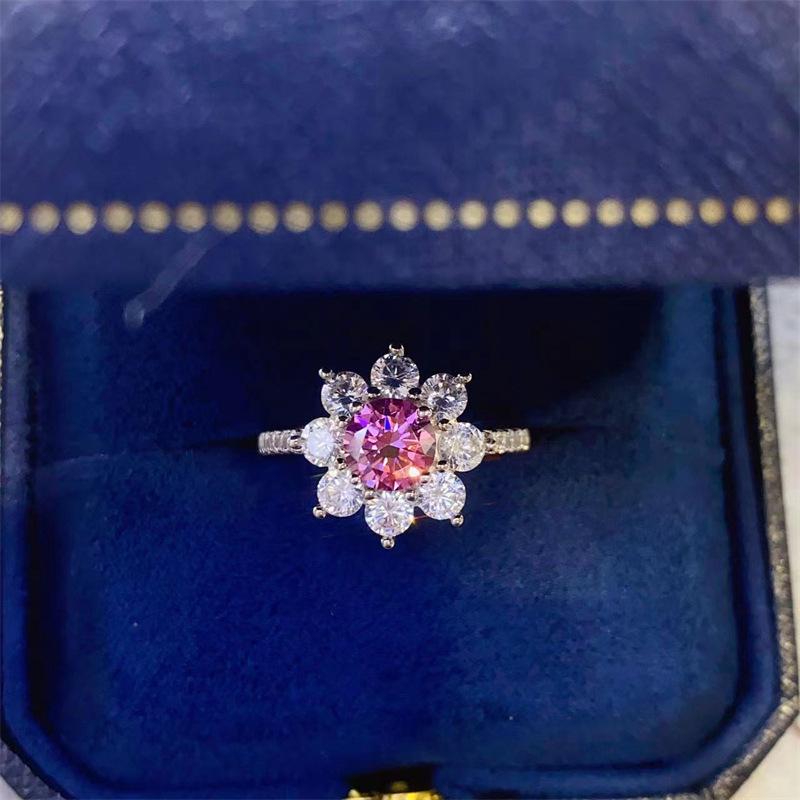 Pink Moissanite Sunflower Ring with Black Card Certificate and Diamond Tester Pen for Women. Size 14