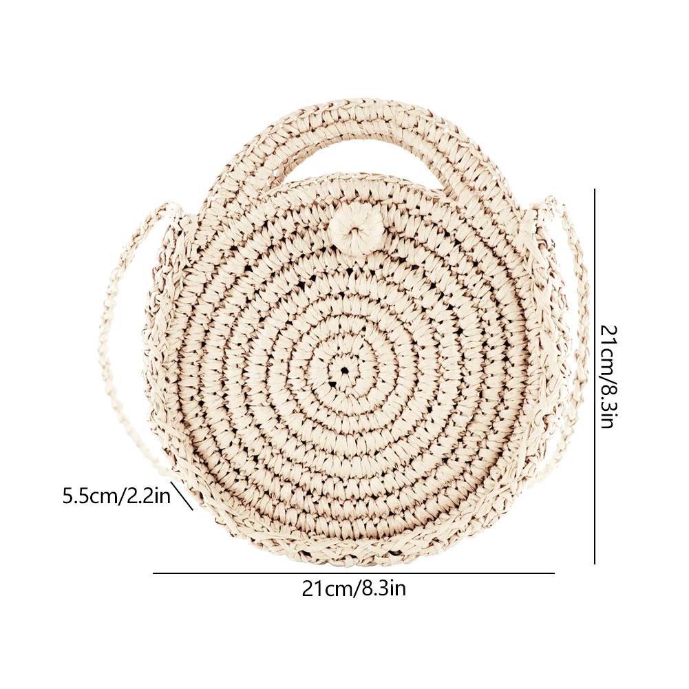 Women Fashion Woven Handbag Round Straw Woven Tote Bag Vacation Shoulder Bag Large Capacity Ethnic Style for Travel Vacation