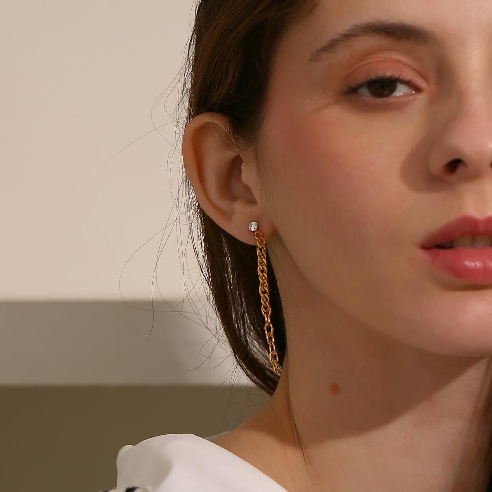 MamacitaSlay Minimalist Round Zircon Two Chain Tassel Earrings Daily Waterproof Titanium Stainless Steel Jewelry Woman