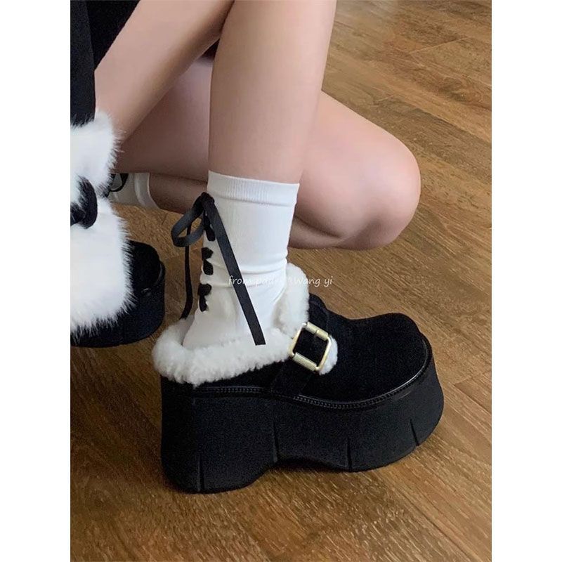 Keep Warm and Increase Height, Wear Velvet Cotton Shoes Outside 2025 Autumn and Winter New Models, Small Super Thick-soled Short Tube Fluffy Snow Bo