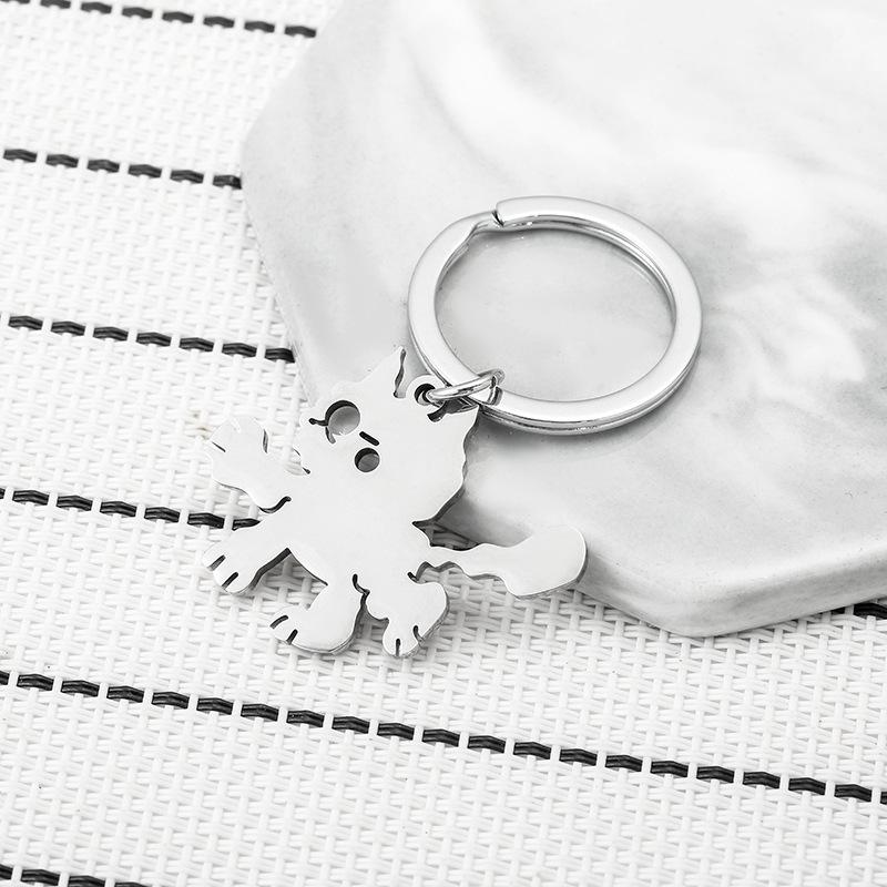 Fluffy Cat Stainless Steel Keychain Cute Cartoon Design Fashion Student Bag Pendant Practical Daily Keyring