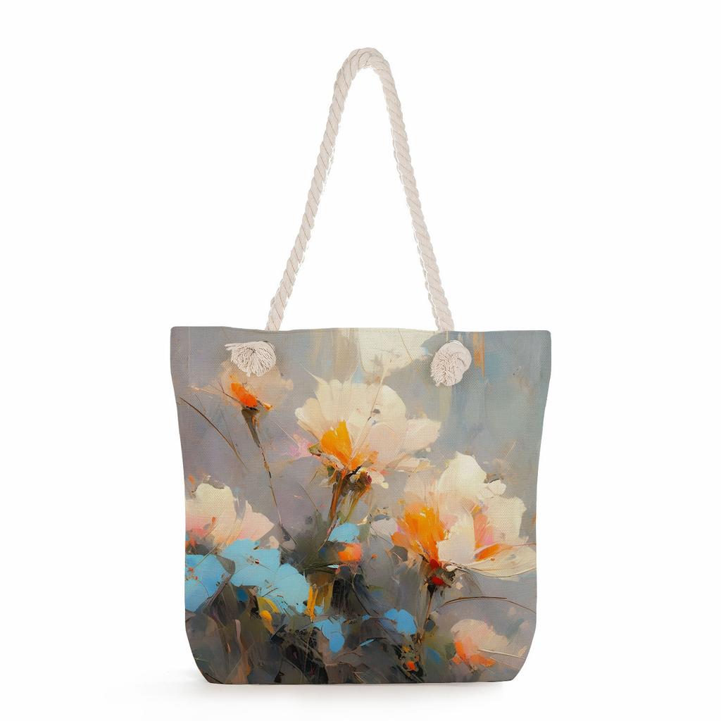 Multifunctional Oil painting flowers Printed Thick Rope Shoulder Beach Bag Casual large capacity handbag 0245