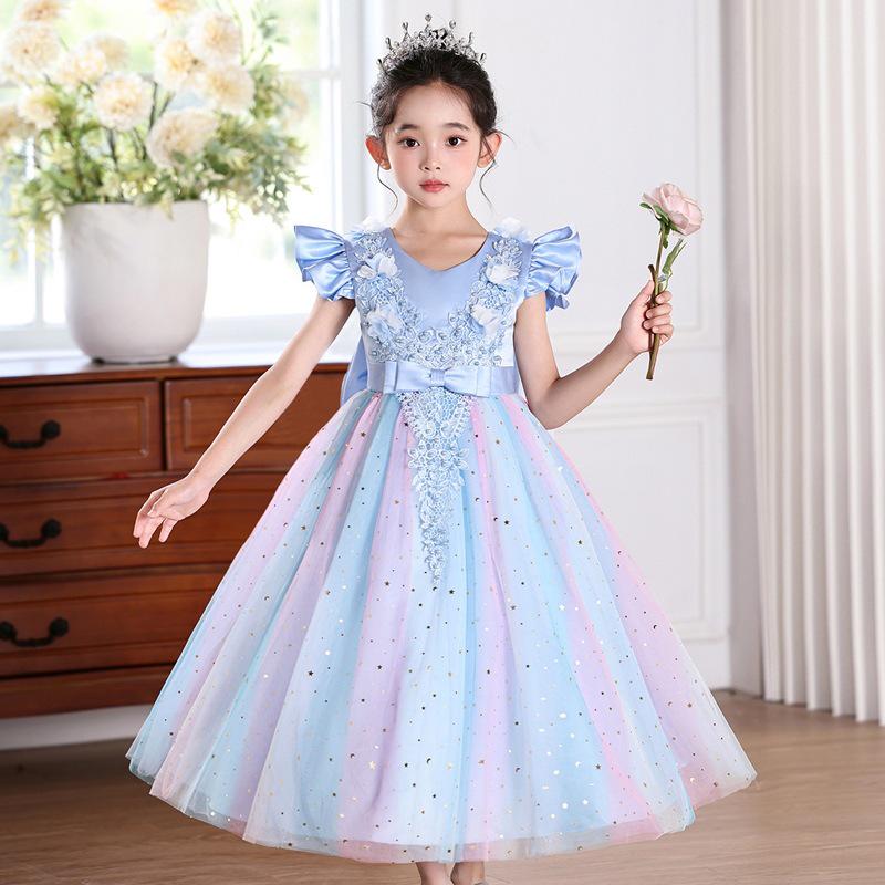 Children's Summer Sequin Princess Dress with Puffy Mesh Skirt - Flower Girl & Wedding Attire