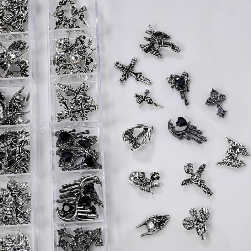 12Grid Vintage Cross Nail Art Charms Y2K Metal Style Alloy Cross Skeleton Angel Nail Decorations Accessories