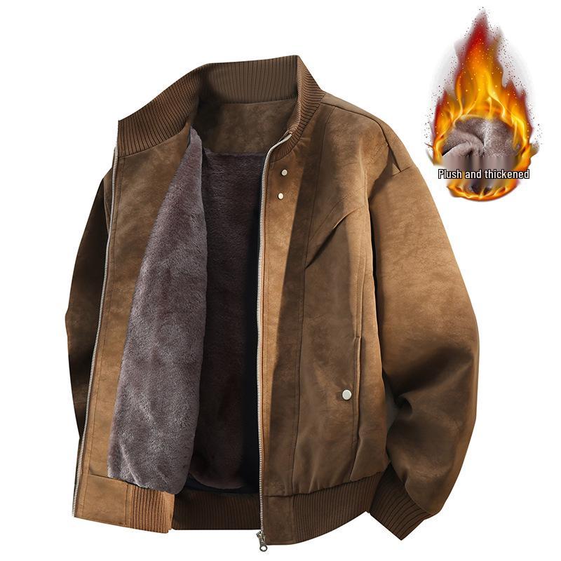 Men's Plus Size Fleece Lined Leather Baseball Jacket
