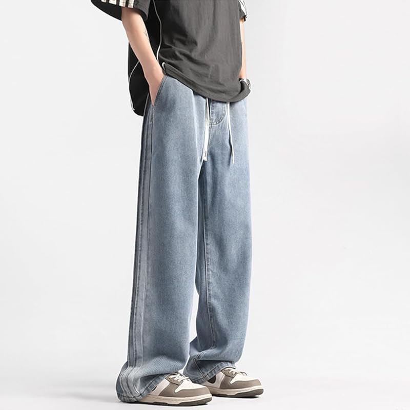 [Maioulers] wide denim denim pants jeans baggy pants jeans wide string adjustment big size Relaxing casual Pants (blue, 2XL)