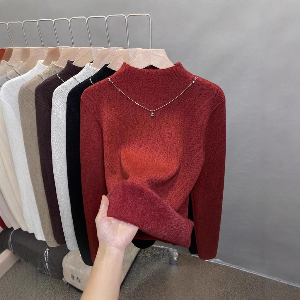 Pulover de catifea dintr-o singură piesă pentru femei, pulover gros de catifea cu gât mediu înalt, pulover tricotat, top interior la modă pentru toamnă și iarnă