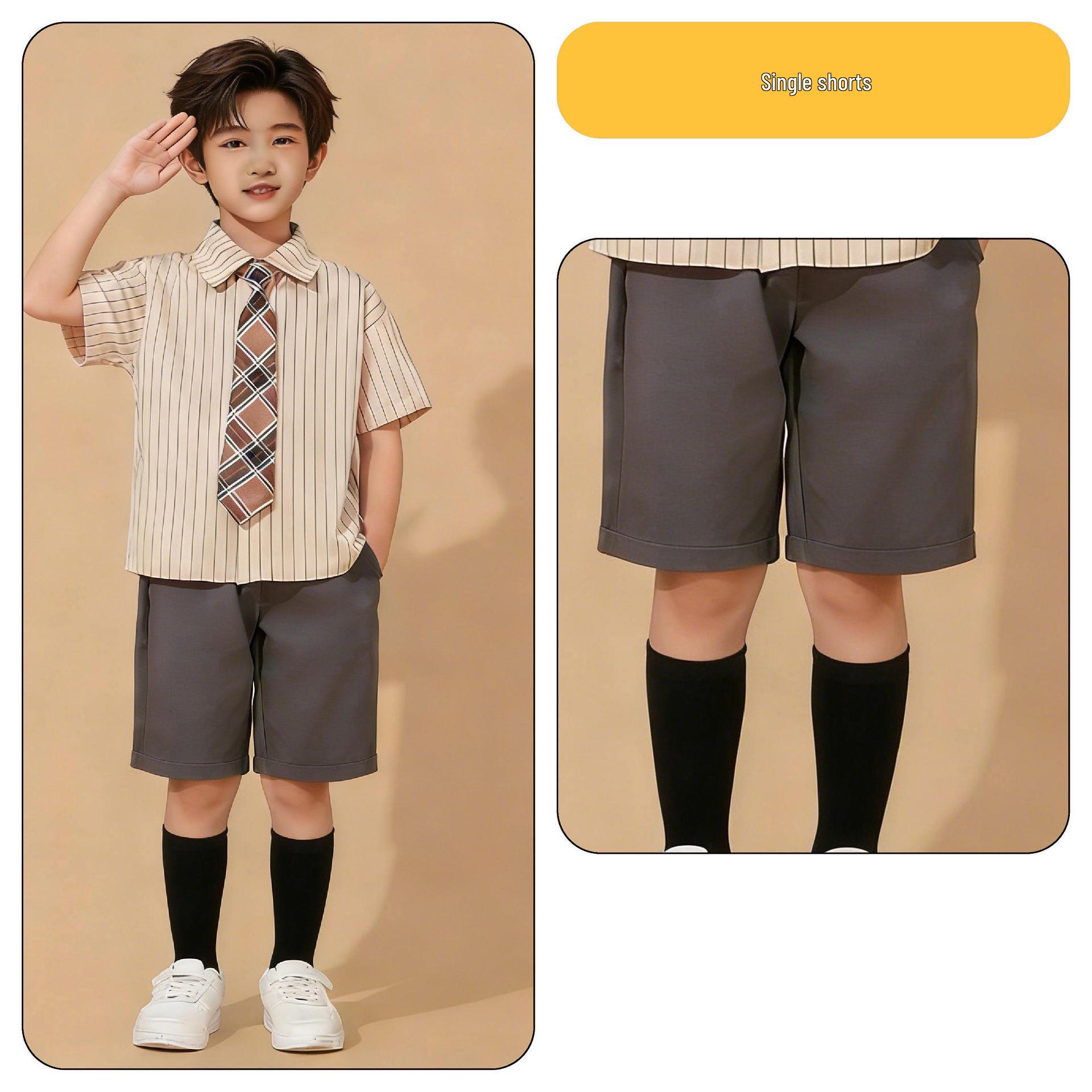 

Children s Academy Style Performance Costume: Brown Striped Shirt & Western Trousers for Choirs and Cheerleading Events. 150 cm