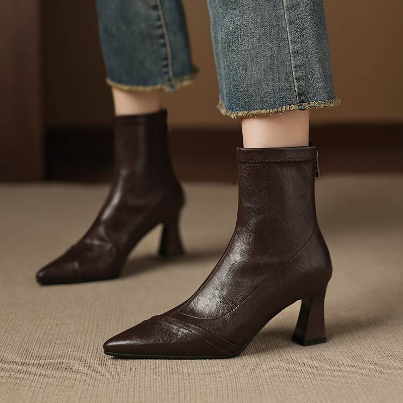 Krazing Pot Microfiber Pointed Toe Thin High Heels Modern Boots Size 42 Zip Plus Size Women Elastic Ankle Boots