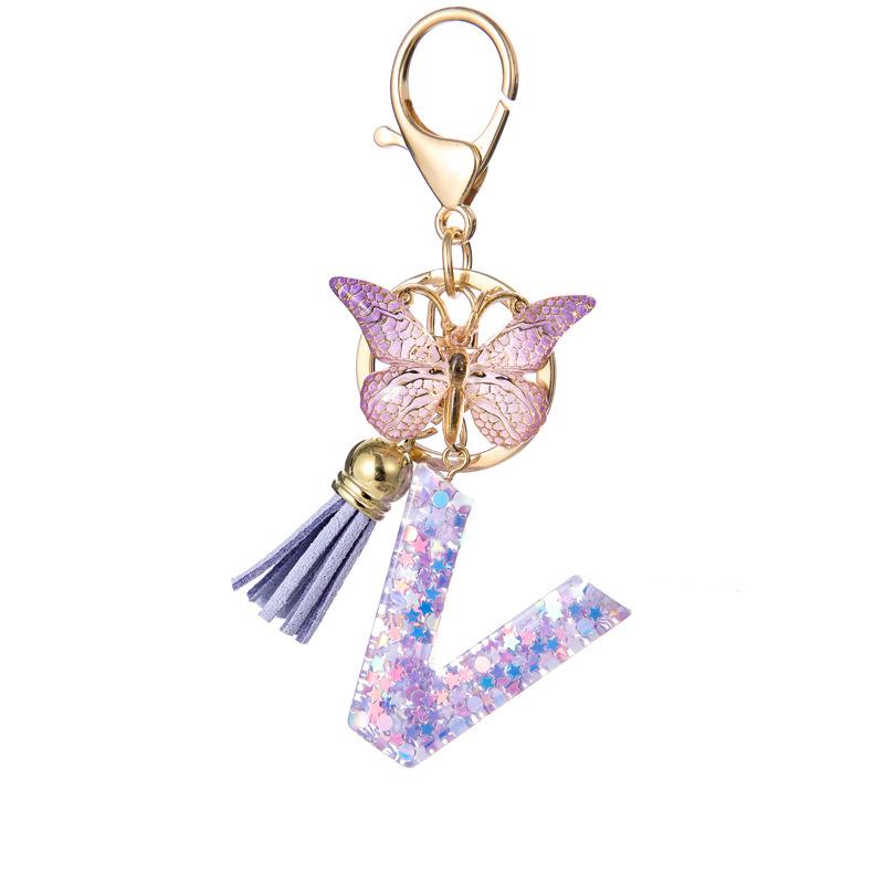 A-Z Alphabet Resin Keychain Purple Butterfly Tassel Pendant Classic Retro Durable Women Bag Accessory Practical Backpack Hanging Charm