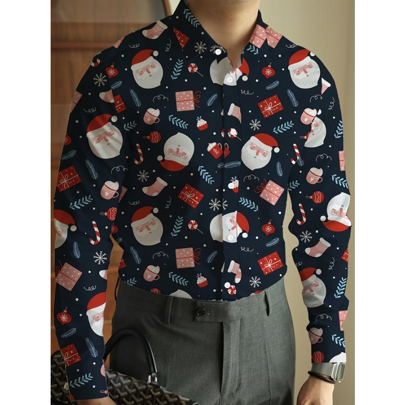 Christmas Festival Theme Men's 3D Printed Formal Shirts Christmas Tree Santa Claus Graphic Long Sleeve Shirt Fashion Men's Shirt