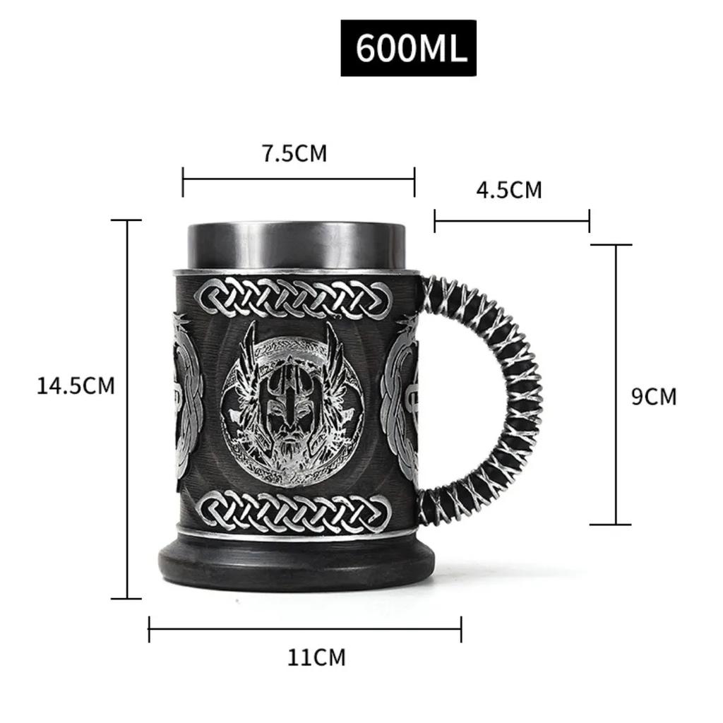 Viking Wood Style Beer Mug 3D Resin Stainless Steel Coffee Cup Wine Glass Metal Double Wall Mug Beer Jug Cup Thermal