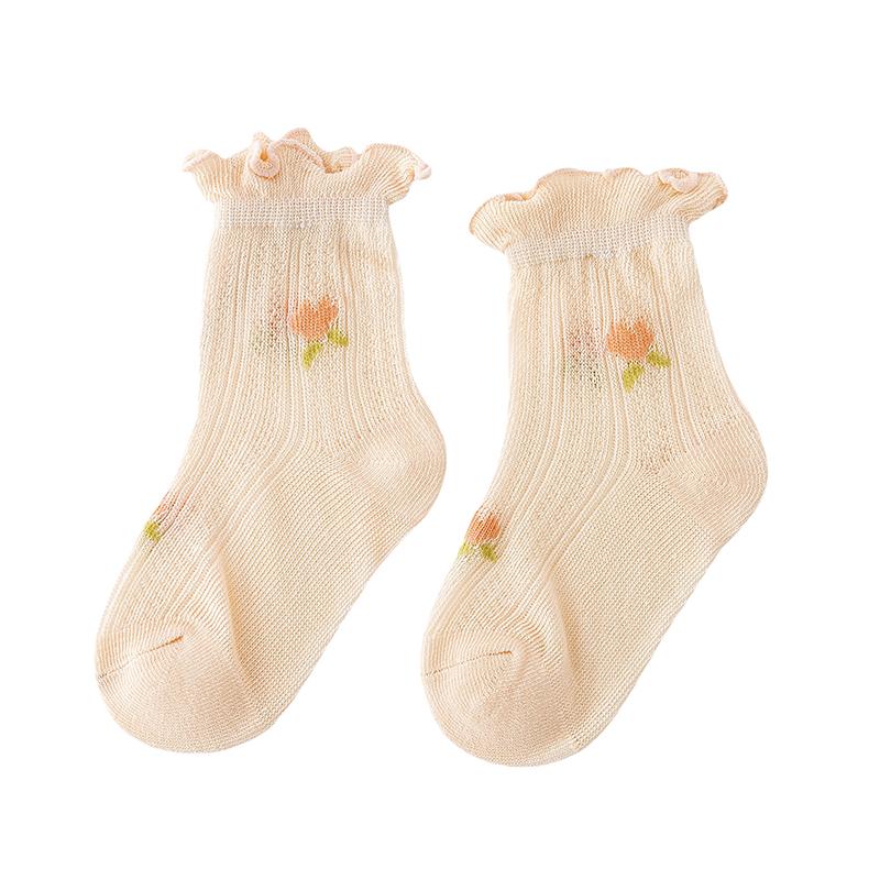 1-5Y Baby Girls Frilly Socks Floral Mesh Breathable Short Sock Anti-Skid Princess Socks for Toddler Child Summer Ankle Sock