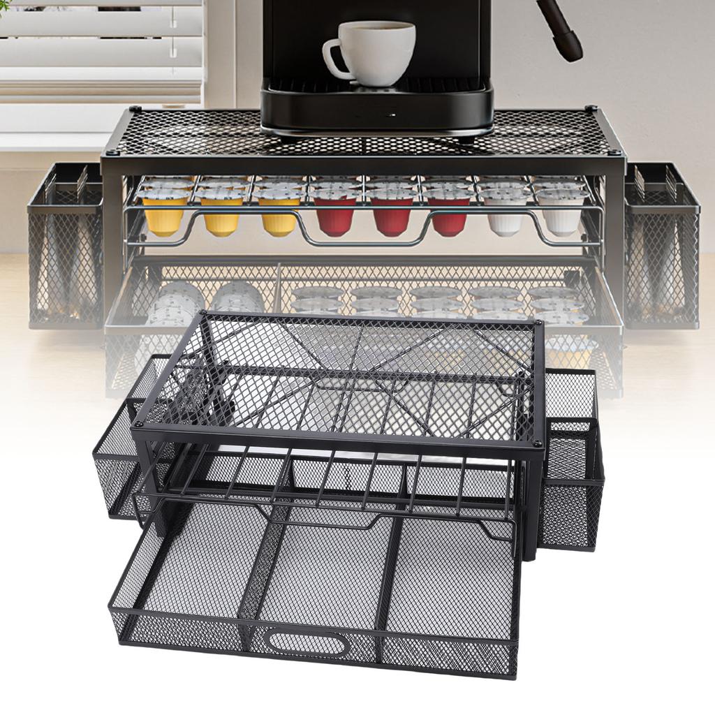 2 Tier Coffee Pod Holder Coffee Capsule   Pull Out Drawers for Kitchen Countertop Coffee Station Black