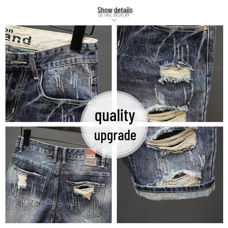 Men's Retro Japanese Style Ripped Denim Shorts - Summer Trend Straight Casual Mid-Length Pants
