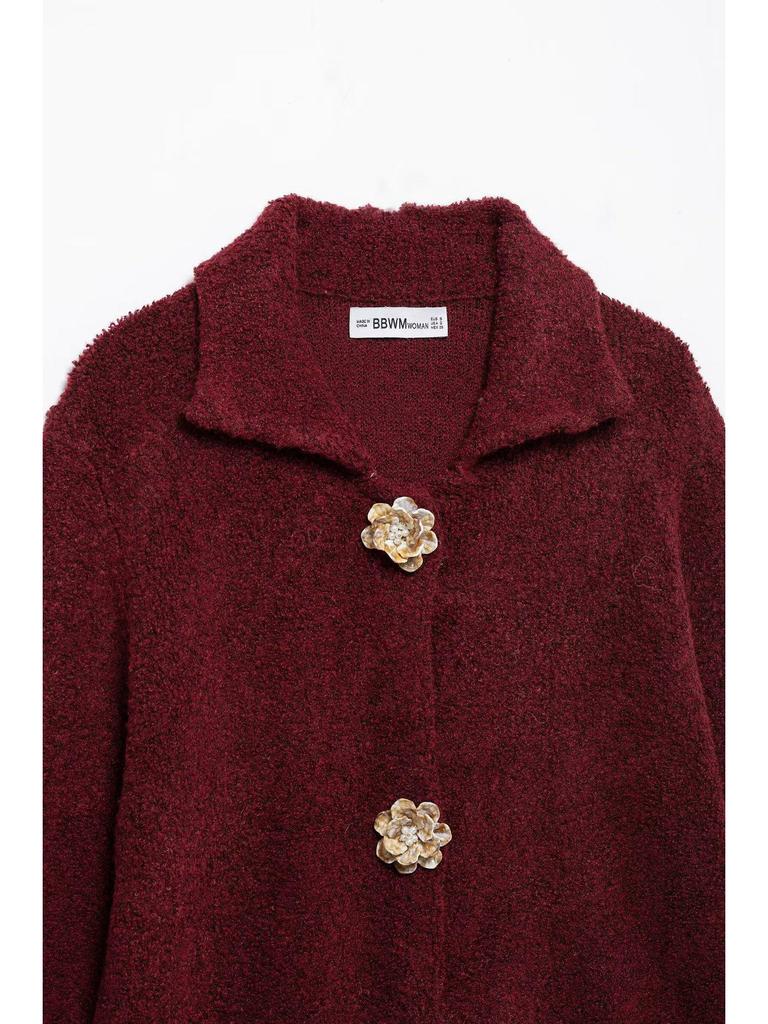 European & American Style Women's Faux Fur Knitted Cardigan with Floral Buttons