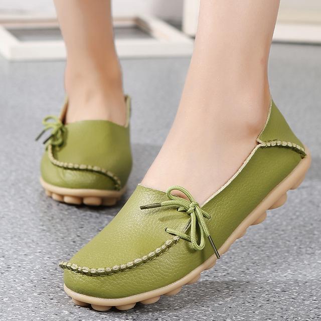 New Moccasins Women Flats  Autumn Woman Loafers Genuine Leather Female Shoes Slip On Ballet Bowtie Women 'S Shoes Big Size