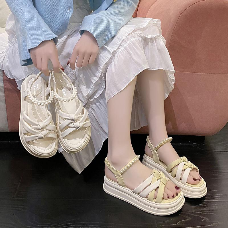 Fashion Ladies Shoes Wedges Heel Roman Style Round Toe Tip Women's Sandals Pearl Vintage Designer Original Wholesale Low Price Footwear
