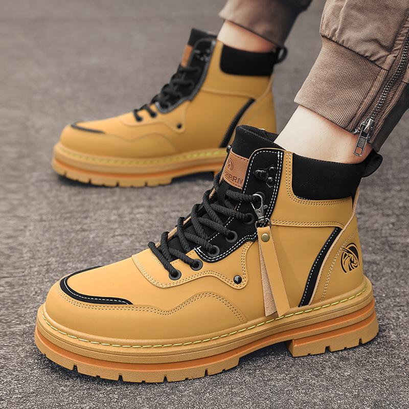 Men's Martin Boots Fleece High Top Men's Shoes Winter Large Cotton Snow Boots Tooling Boots Rhubarb Boots Men's Leather Boots