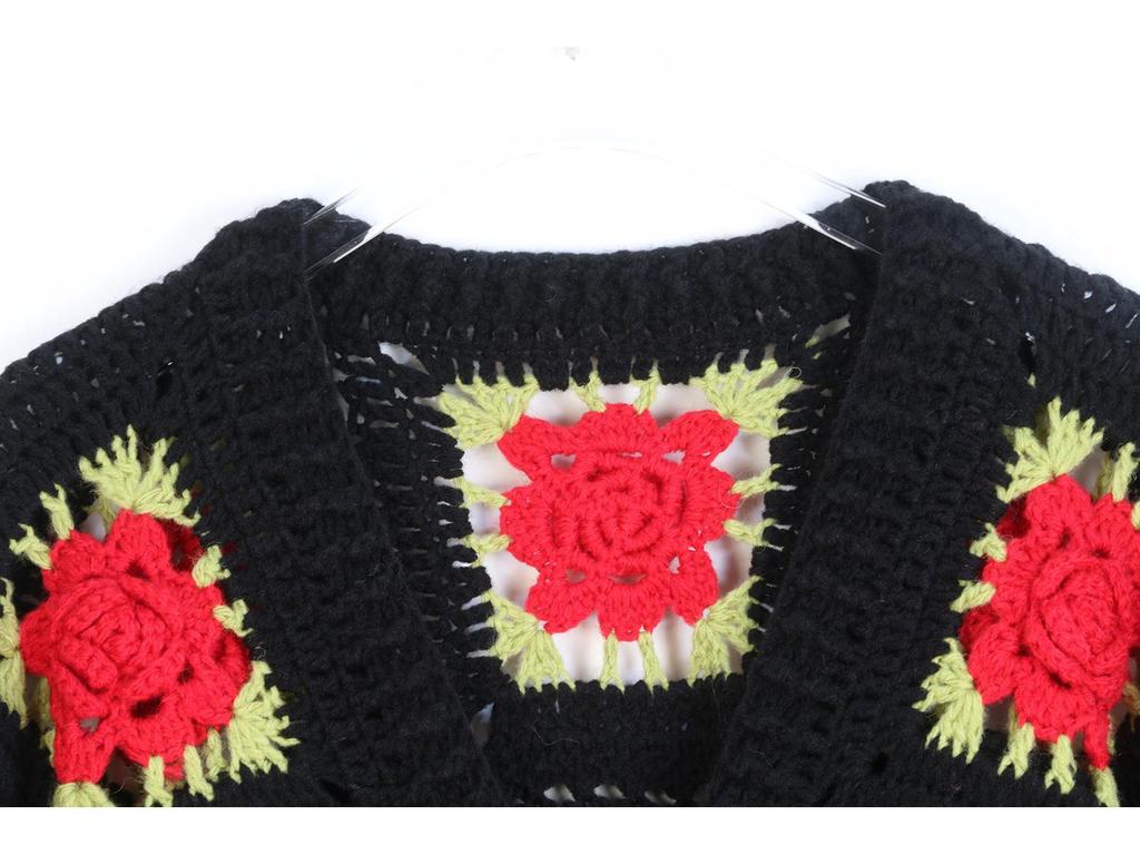 Hand-Crocheted Rose V-Neck Cardigan – Solid Color, Long Sleeve, French Chic