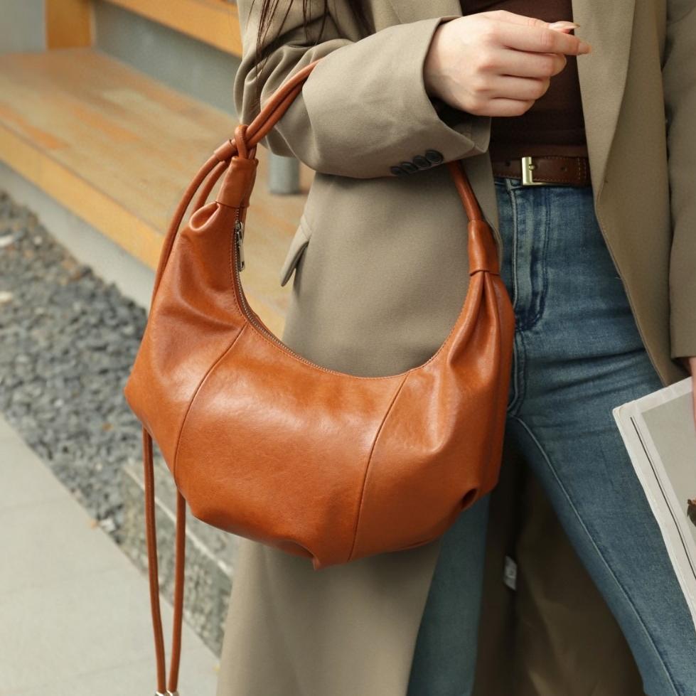 Ladies' Soft Genuine Cow Leather Dumpling Bag, Large Capacity Minimalist Crossbody Bag Female Luxury Fashi Underarm Hobo