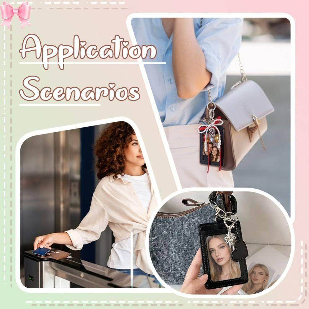 Pearl Bow Photocard Holder Key Ring Hardware PU Leather ID Card Holder Clear Window Dangling Charm Card Sleeve Handbag Hanging